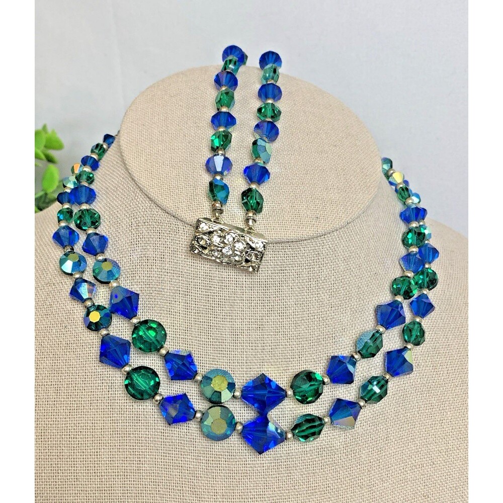 Vintage Blue Green AB Crystal Necklace Bracelet Set Faceted Beaded Jewelry